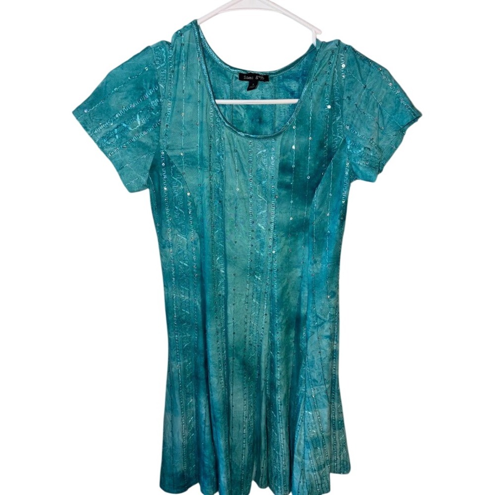 Sami & Jo Womens Small Teal Tie Dye Sequin Embroidered Short Sleeve Flare Top